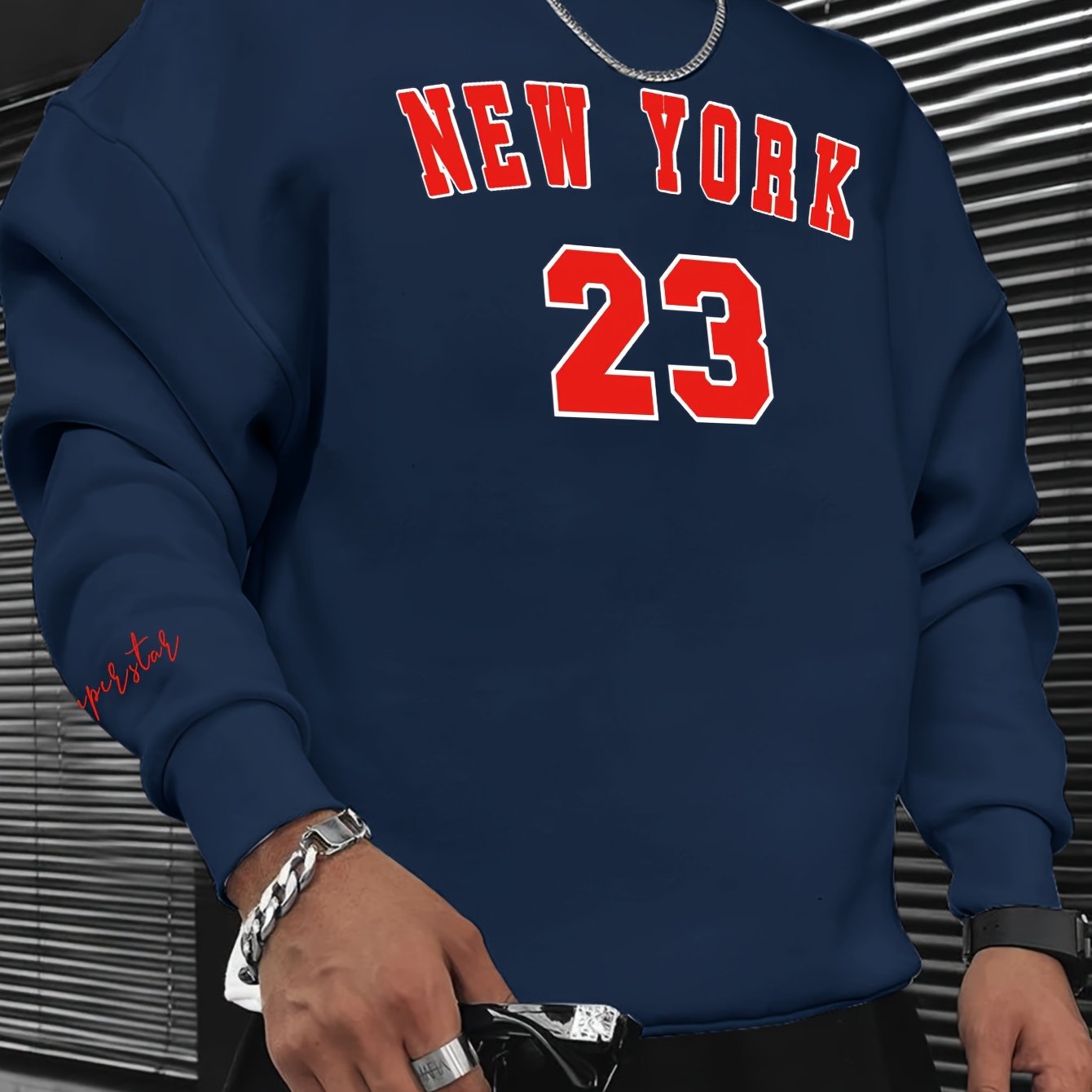 Long Sleeve 23 Print Fashionable Men's Casual Crew Neck Pullover Sweatshirt for Outdoor Sports, Autumn Spring, with Hip-hop Necklace, as Gifts