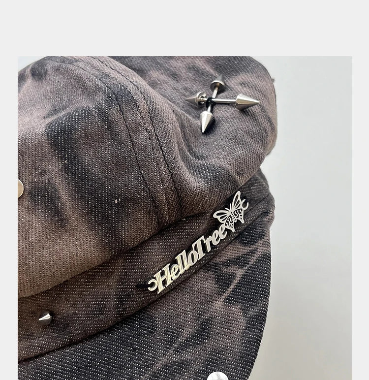 Y2K Personalized Star Sticker Rivet Design Berets Caps for Women Spring and Autumn Fashion Versatile Retro Tie-dye Newsboy Hats