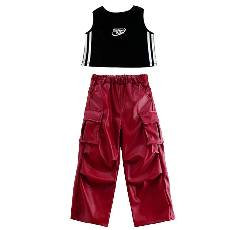 Jazz Dance Girls Clothes Kids Hip Hop Dance Costume Black Leather Crop Tops Hiphop Pants Catwalk Performance Clothing BL13600