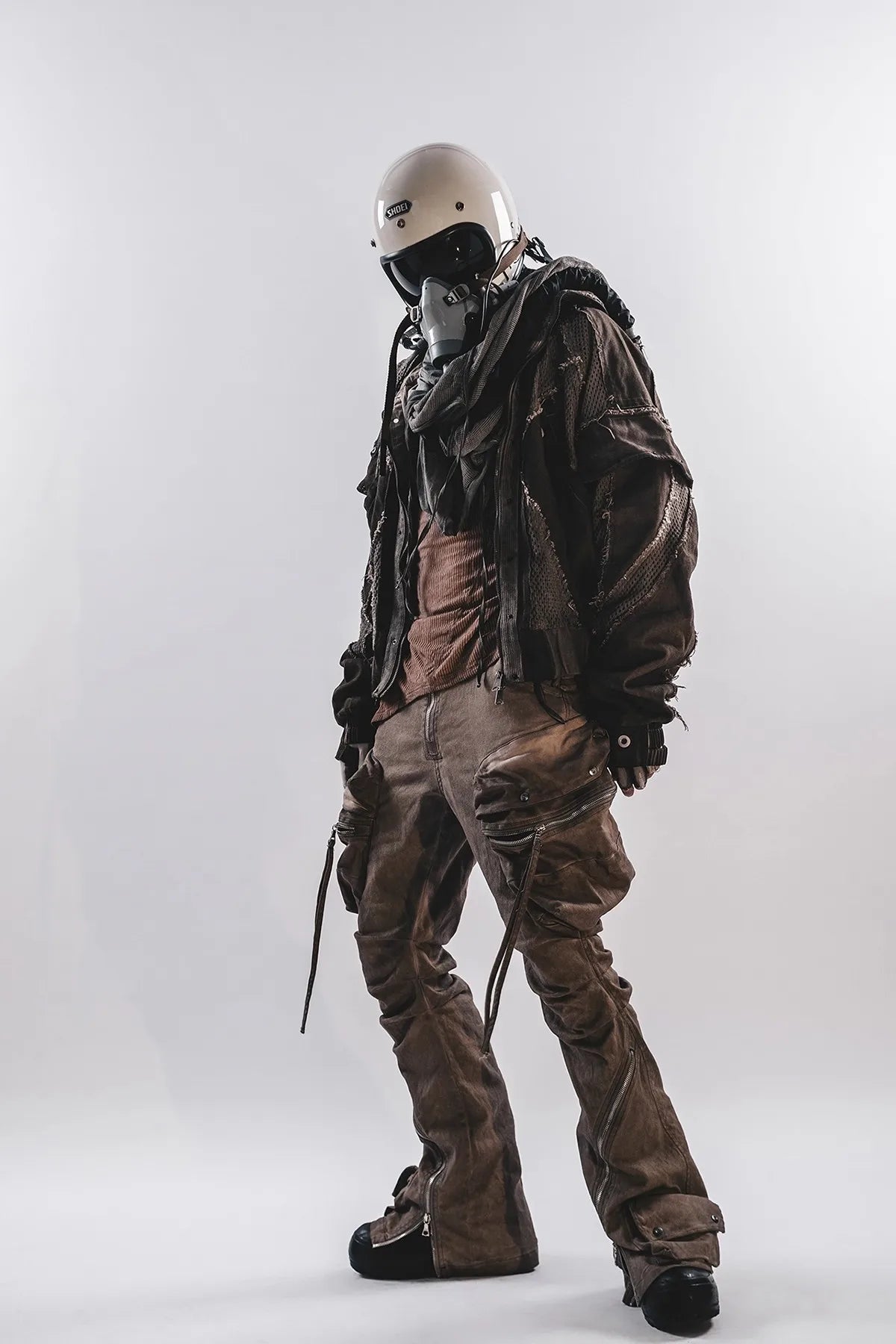 Waste Soil Style Mesh Splicing Hooded Short Jacket Washed Distressed Stereoscopic Cut Loose Coat for Men