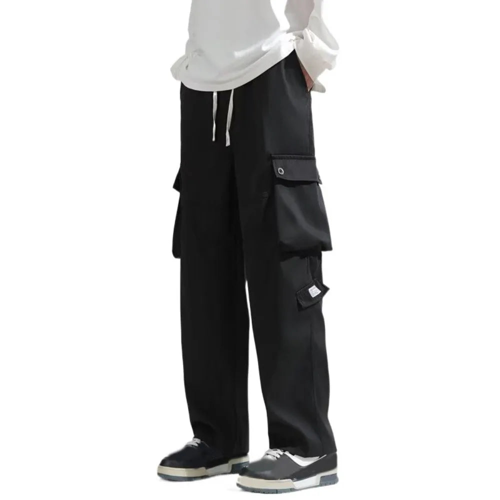 Hip Hop Pants Drawstring Wide Leg Sweatpants Y2K Oversized Baggy Cargo Pants Multi-pockets Loose Men Joggers Trousers Sports