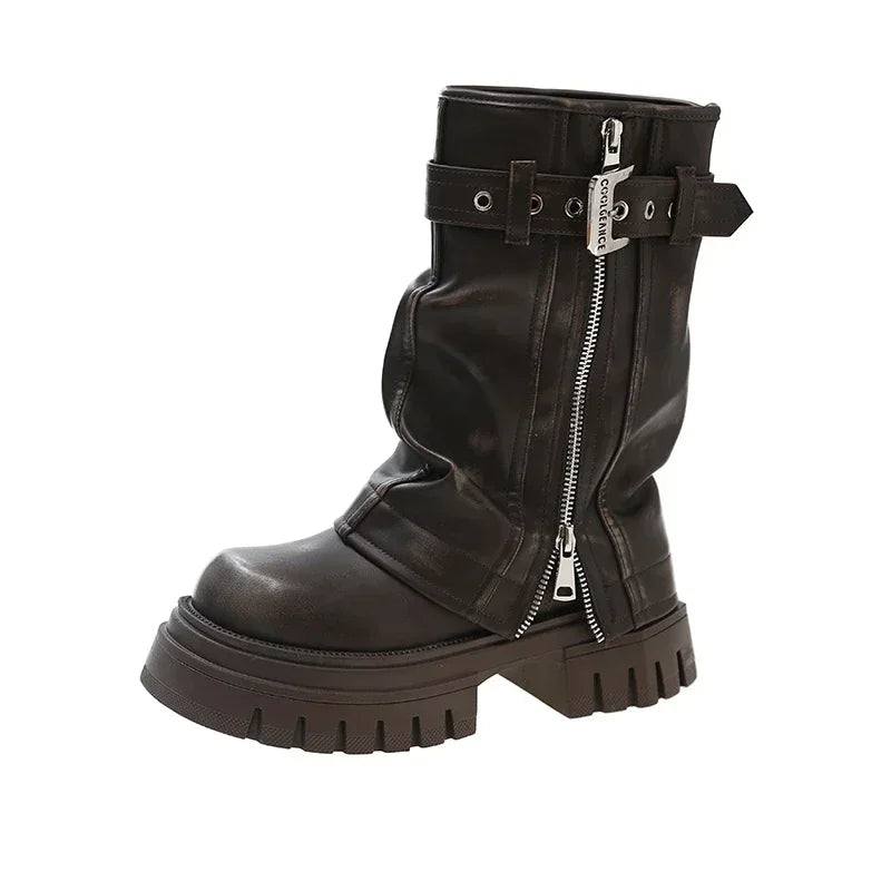 Shoes for Women Belt Buckle Women's Boot Fashion Side Zipp Modern Boots Women High Quality Round Toe Mid-Calf Zapatos