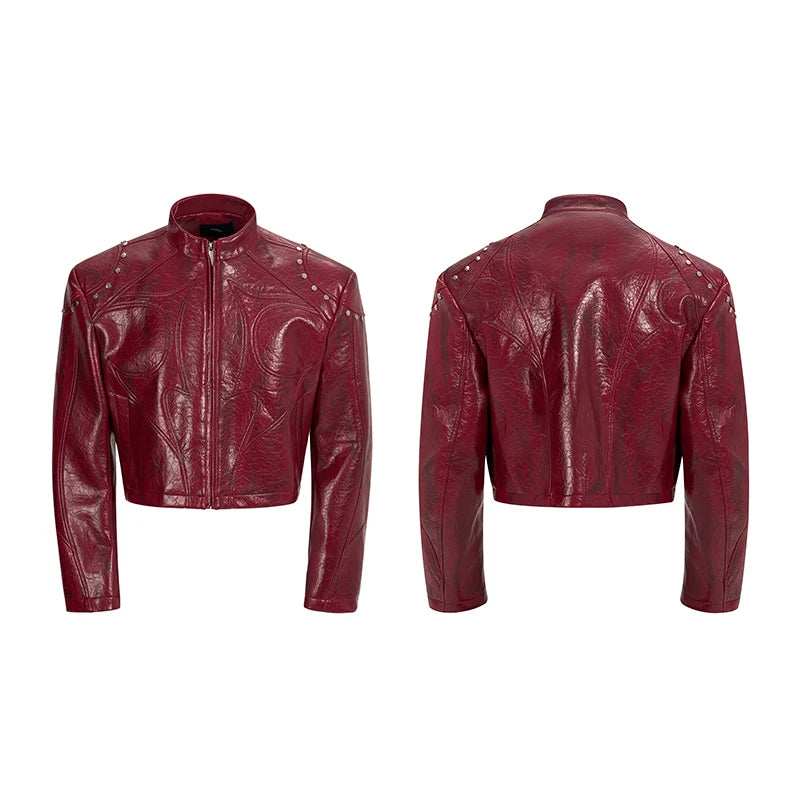FEWQ High Street Men's PU Leather Jackets Stand Collar Shoulder Pads Dirty-dying Contrast Color Loose Male Short Coats 24K5621