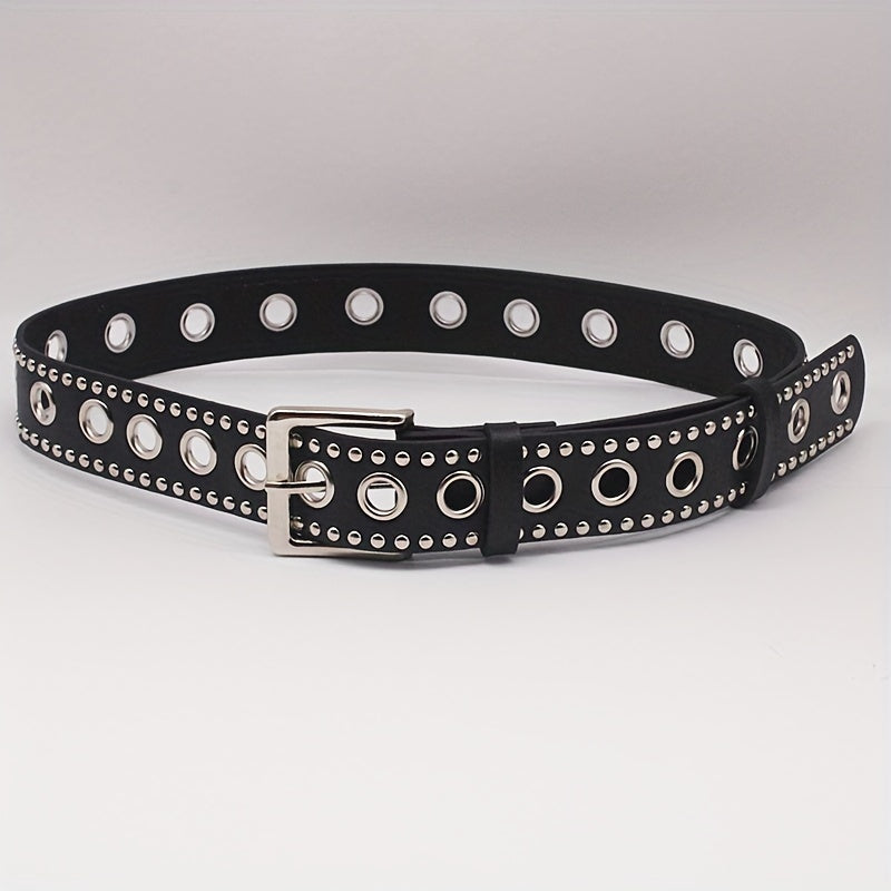 Punk Eyelet Rivet Studded Belts Black Hip Hop PU Waistband Trendy Jeans Pants Belt For Women & Men