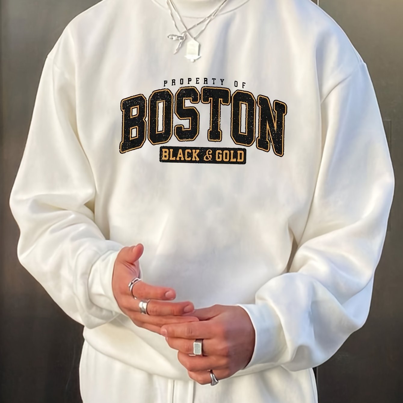 Stylish Boston Crew Neck Pullover Sweatshirt - Soft, Breathable, and Comfortable Long Sleeve Design for Outdoor Sports and Casual Wear - Perfect for Autumn and Spring, Great Gift Idea, Pairable with Hip-Hop Necklace