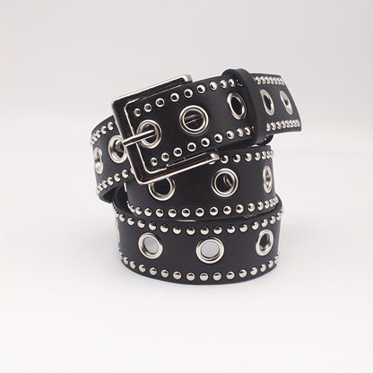Punk Eyelet Rivet Studded Belts Black Hip Hop PU Waistband Trendy Jeans Pants Belt For Women & Men