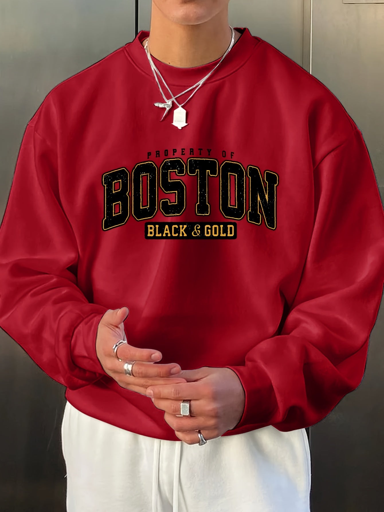 Stylish Boston Crew Neck Pullover Sweatshirt - Soft, Breathable, and Comfortable Long Sleeve Design for Outdoor Sports and Casual Wear - Perfect for Autumn and Spring, Great Gift Idea, Pairable with Hip-Hop Necklace