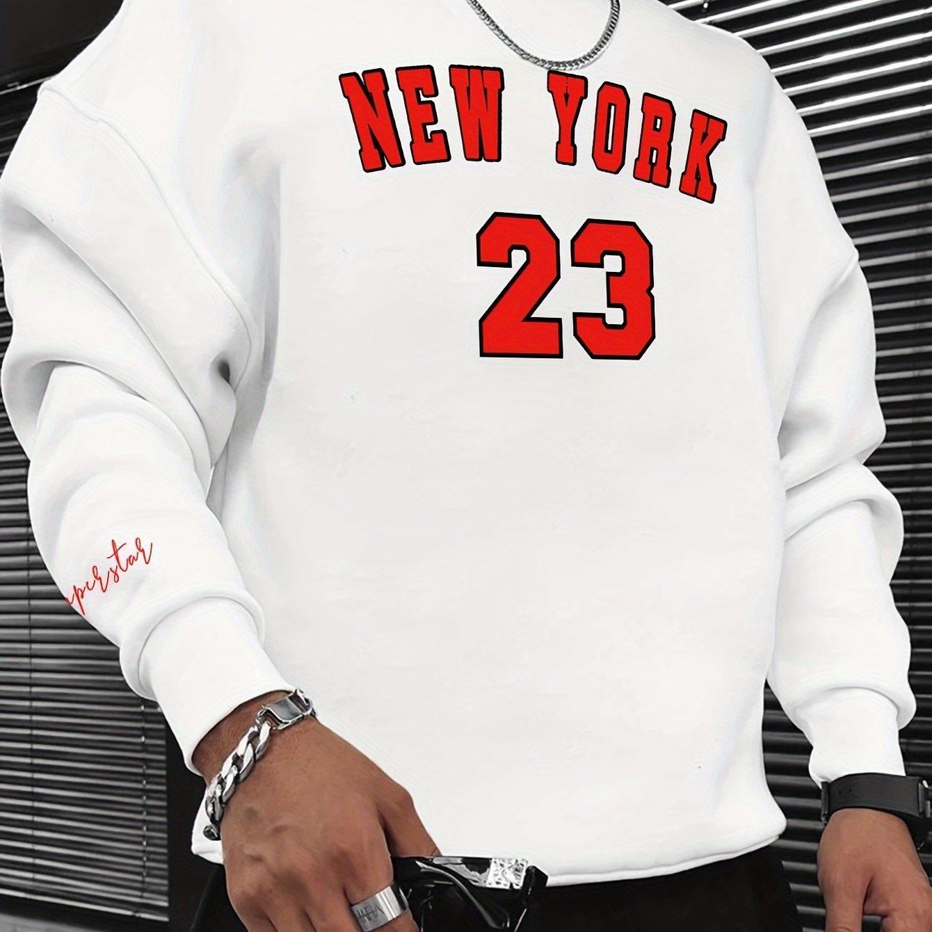 Long Sleeve 23 Print Fashionable Men's Casual Crew Neck Pullover Sweatshirt for Outdoor Sports, Autumn Spring, with Hip-hop Necklace, as Gifts