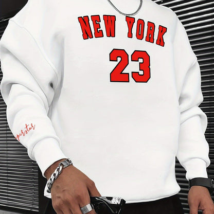 Long Sleeve 23 Print Fashionable Men's Casual Crew Neck Pullover Sweatshirt for Outdoor Sports, Autumn Spring, with Hip-hop Necklace, as Gifts