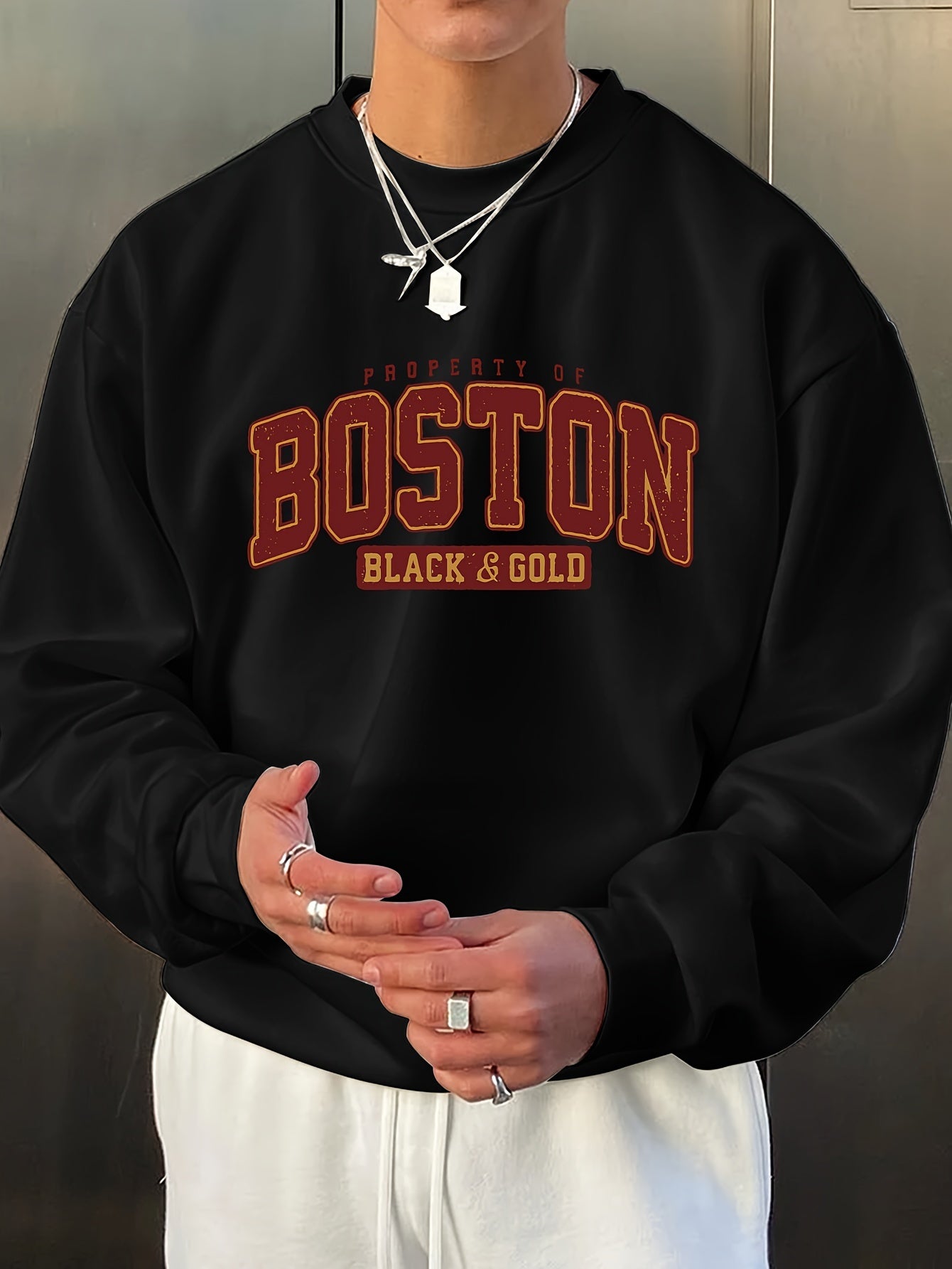 Stylish Boston Crew Neck Pullover Sweatshirt - Soft, Breathable, and Comfortable Long Sleeve Design for Outdoor Sports and Casual Wear - Perfect for Autumn and Spring, Great Gift Idea, Pairable with Hip-Hop Necklace