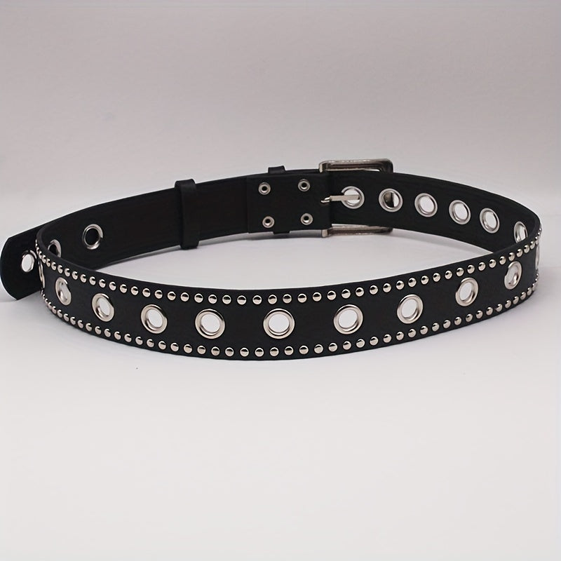 Punk Eyelet Rivet Studded Belts Black Hip Hop PU Waistband Trendy Jeans Pants Belt For Women & Men
