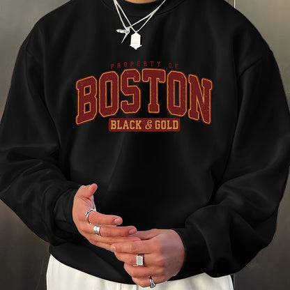 Stylish Boston Crew Neck Pullover Sweatshirt - Soft, Breathable, and Comfortable Long Sleeve Design for Outdoor Sports and Casual Wear - Perfect for Autumn and Spring, Great Gift Idea, Pairable with Hip-Hop Necklace