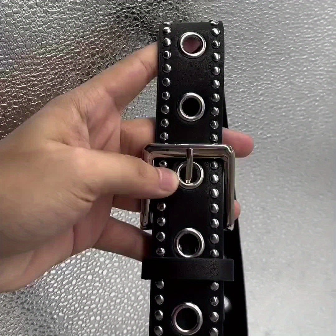 Punk Eyelet Rivet Studded Belts Black Hip Hop PU Waistband Trendy Jeans Pants Belt For Women & Men