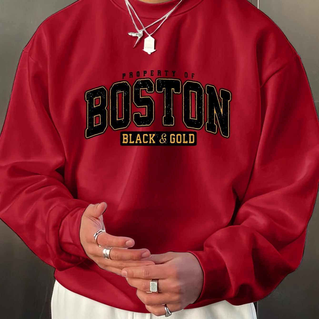 Stylish Boston Crew Neck Pullover Sweatshirt - Soft, Breathable, and Comfortable Long Sleeve Design for Outdoor Sports and Casual Wear - Perfect for Autumn and Spring, Great Gift Idea, Pairable with Hip-Hop Necklace