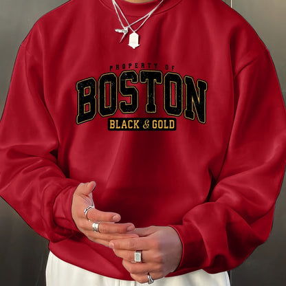 Stylish Boston Crew Neck Pullover Sweatshirt - Soft, Breathable, and Comfortable Long Sleeve Design for Outdoor Sports and Casual Wear - Perfect for Autumn and Spring, Great Gift Idea, Pairable with Hip-Hop Necklace