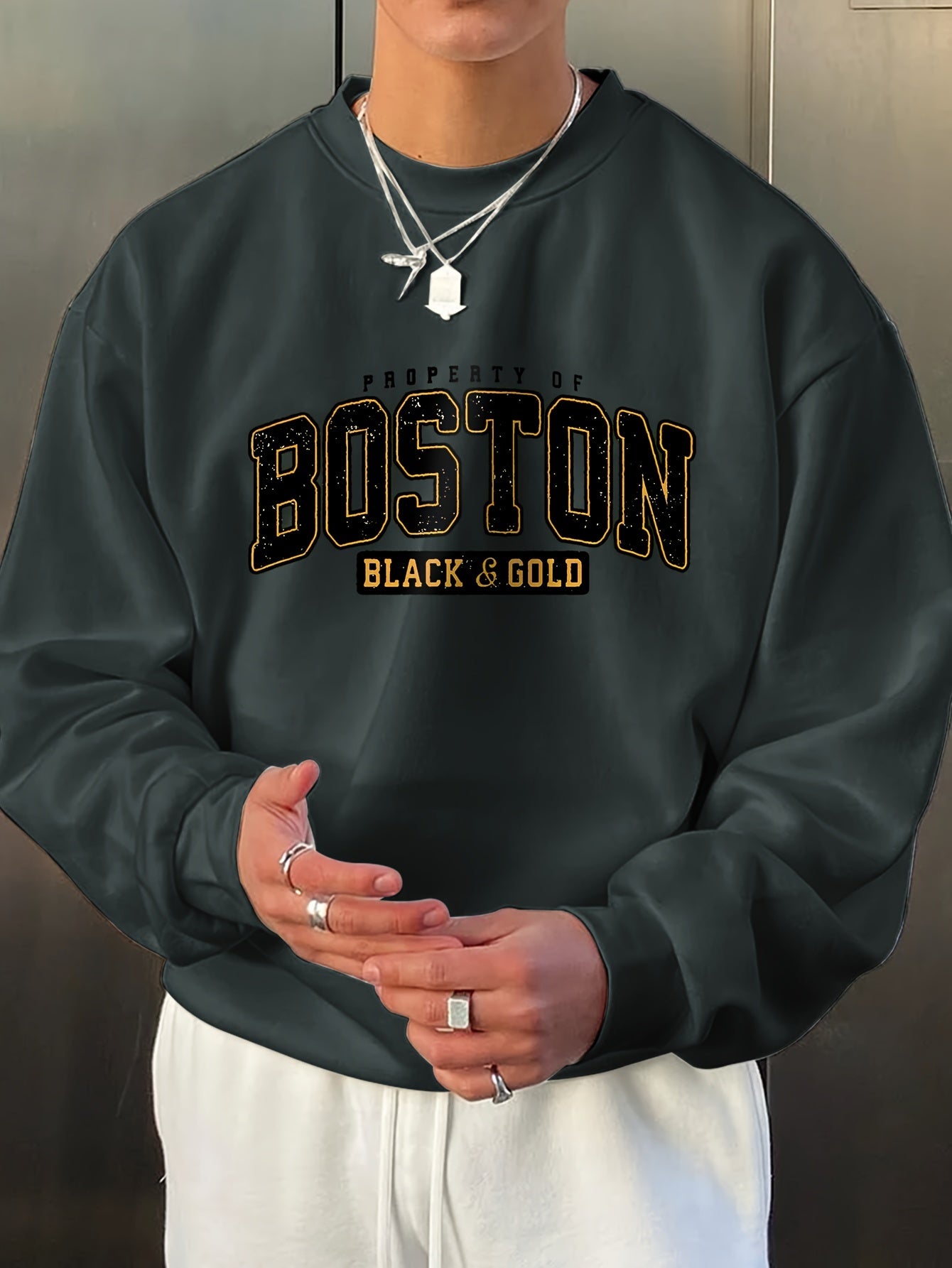 Stylish Boston Crew Neck Pullover Sweatshirt - Soft, Breathable, and Comfortable Long Sleeve Design for Outdoor Sports and Casual Wear - Perfect for Autumn and Spring, Great Gift Idea, Pairable with Hip-Hop Necklace