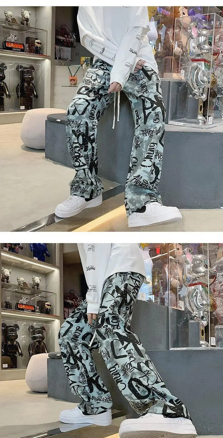 High Street Graffiti Tie-dye Pants Men Casual Loose Oversized Hip-hop Trousers Man American Straight Wide-leg Pants