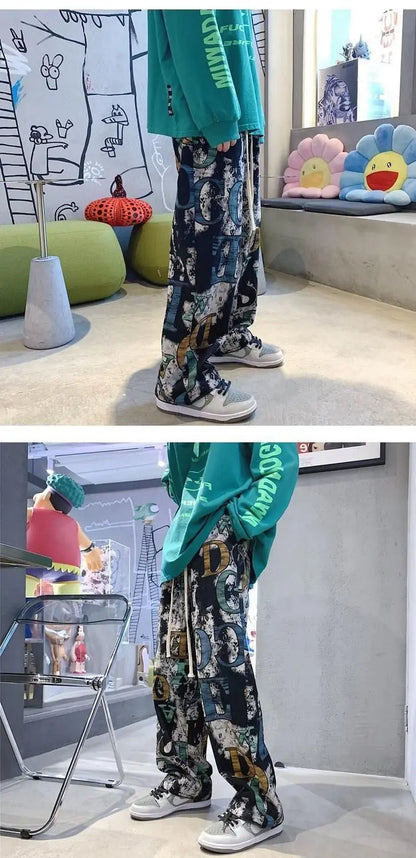 High Street Graffiti Tie-dye Pants Men Casual Loose Oversized Hip-hop Trousers Man American Straight Wide-leg Pants
