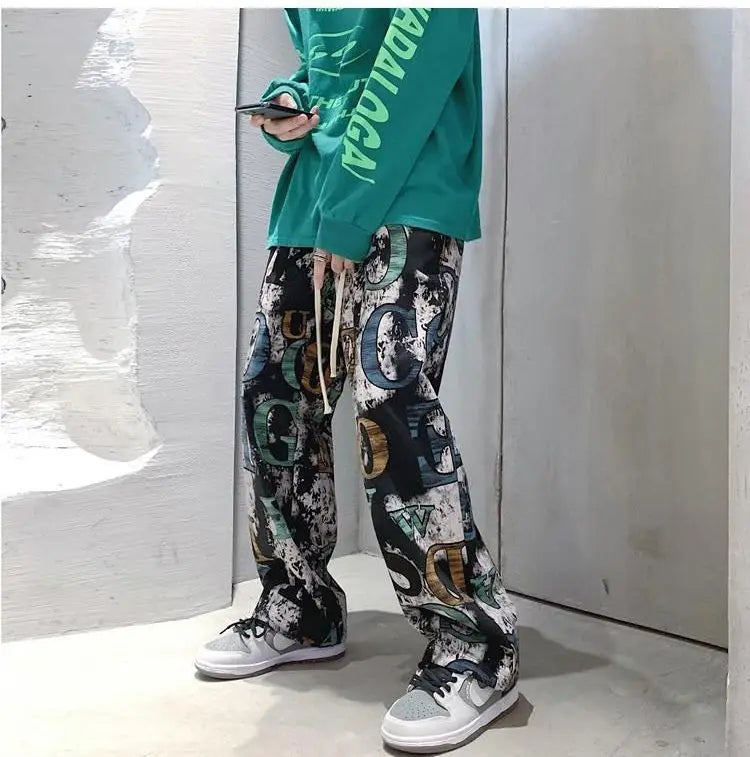 High Street Graffiti Tie-dye Pants Men Casual Loose Oversized Hip-hop Trousers Man American Straight Wide-leg Pants