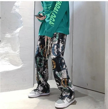 High Street Graffiti Tie-dye Pants Men Casual Loose Oversized Hip-hop Trousers Man American Straight Wide-leg Pants