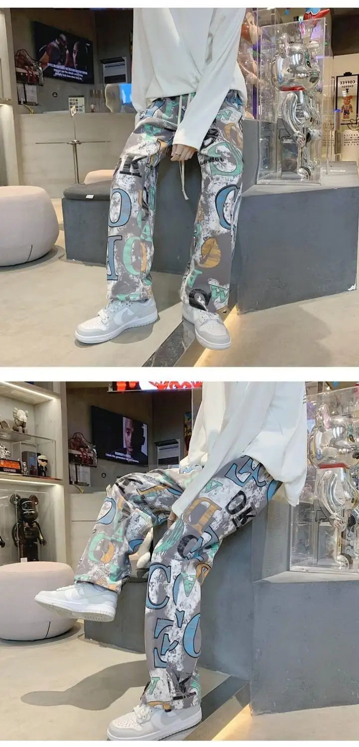 High Street Graffiti Tie-dye Pants Men Casual Loose Oversized Hip-hop Trousers Man American Straight Wide-leg Pants