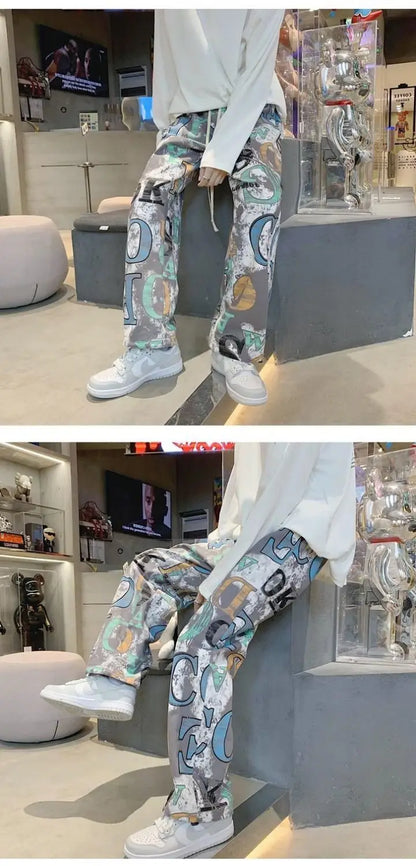 High Street Graffiti Tie-dye Pants Men Casual Loose Oversized Hip-hop Trousers Man American Straight Wide-leg Pants