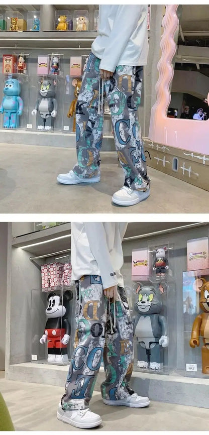 High Street Graffiti Tie-dye Pants Men Casual Loose Oversized Hip-hop Trousers Man American Straight Wide-leg Pants