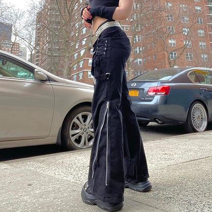 Women Pants Hip Hop High Waist Bandage Streetwear Rivet Trousers Goth Dark Gothic Grunge Black Pants Harajuku Punk Wide Leg