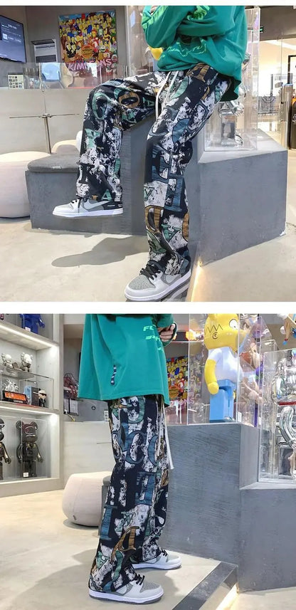 High Street Graffiti Tie-dye Pants Men Casual Loose Oversized Hip-hop Trousers Man American Straight Wide-leg Pants