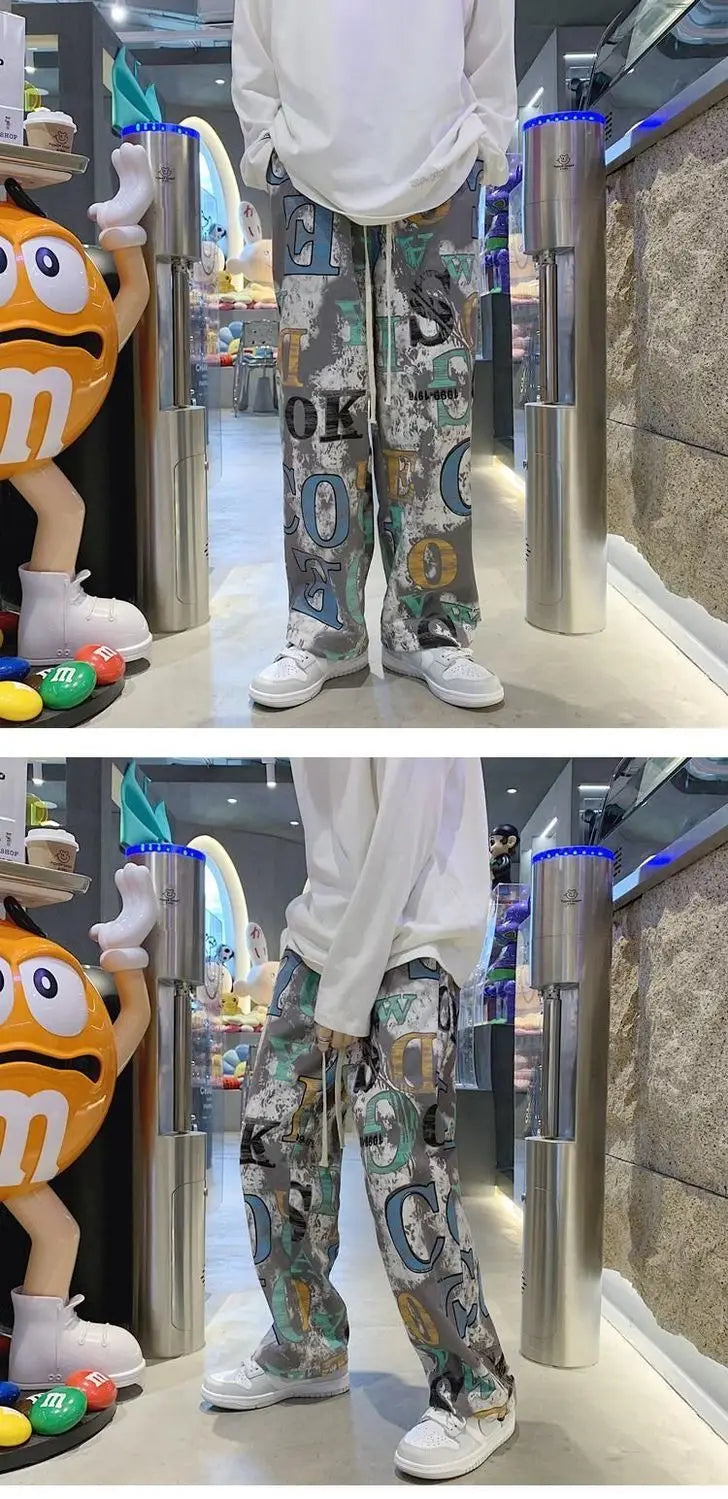 High Street Graffiti Tie-dye Pants Men Casual Loose Oversized Hip-hop Trousers Man American Straight Wide-leg Pants