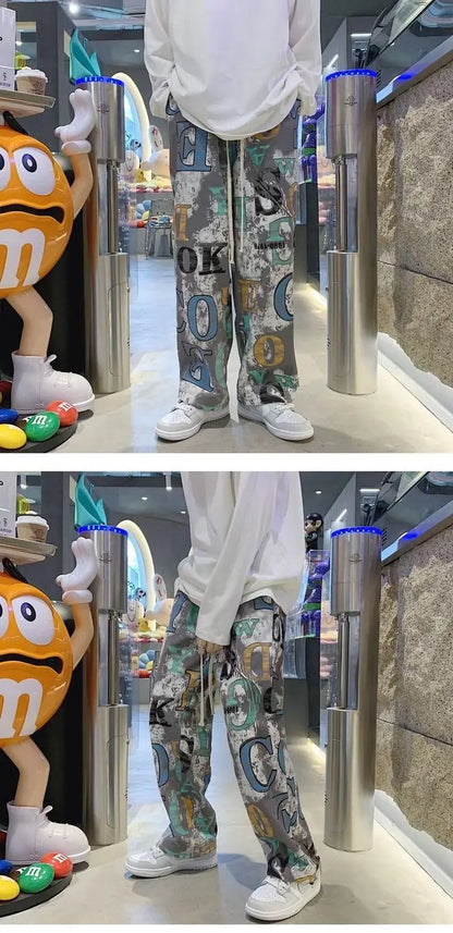High Street Graffiti Tie-dye Pants Men Casual Loose Oversized Hip-hop Trousers Man American Straight Wide-leg Pants