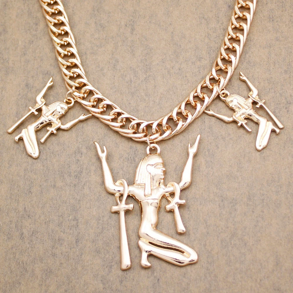 Vintage Egypt Triple Ankh Cross Pendant Necklace For Woman Amulet Chunky Chain Necklace Fashion Jewelry Accessories Gifts