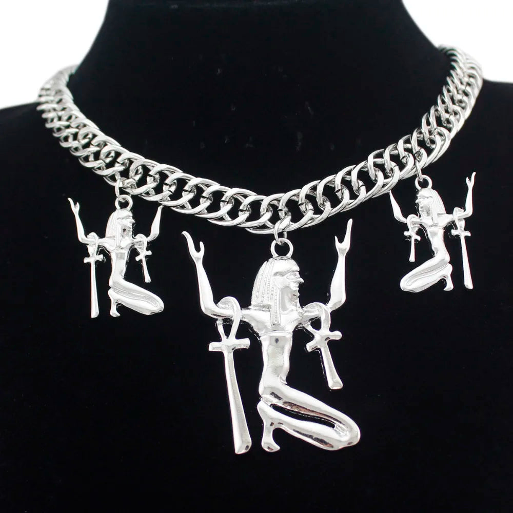 Vintage Egypt Triple Ankh Cross Pendant Necklace For Woman Amulet Chunky Chain Necklace Fashion Jewelry Accessories Gifts