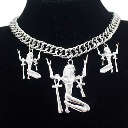 Vintage Egypt Triple Ankh Cross Pendant Necklace For Woman Amulet Chunky Chain Necklace Fashion Jewelry Accessories Gifts