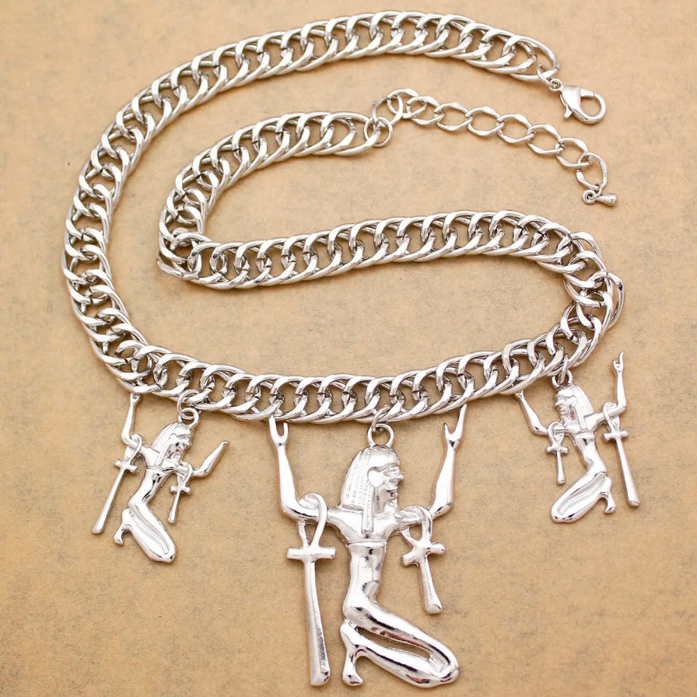 Vintage Egypt Triple Ankh Cross Pendant Necklace For Woman Amulet Chunky Chain Necklace Fashion Jewelry Accessories Gifts
