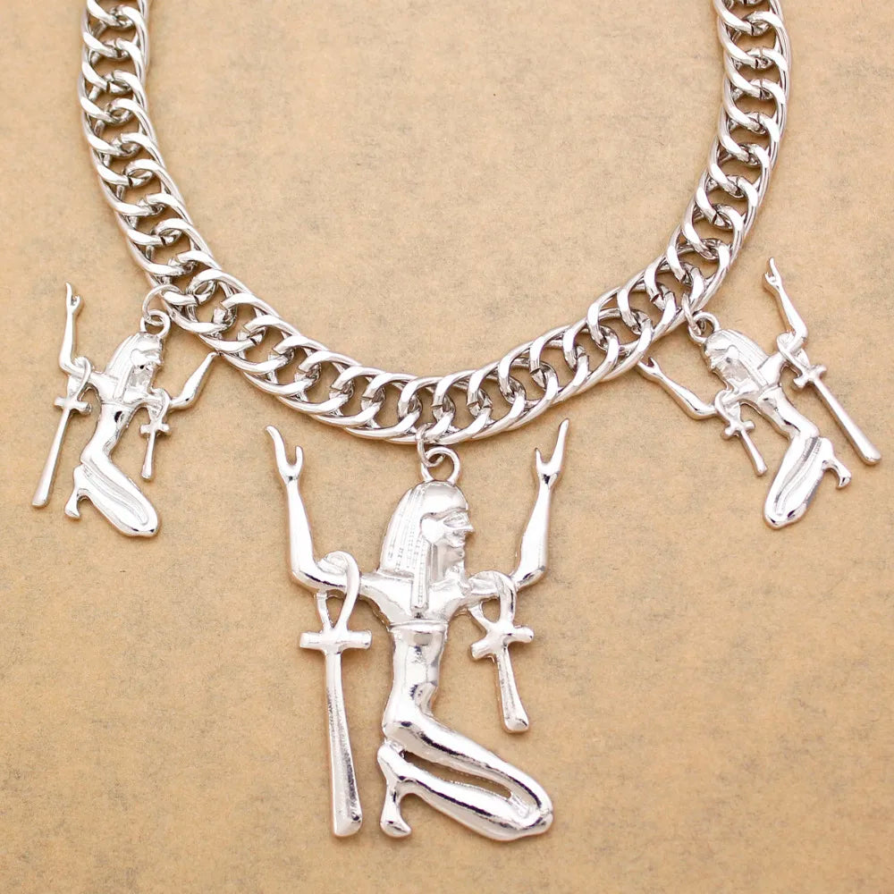 Vintage Egypt Triple Ankh Cross Pendant Necklace For Woman Amulet Chunky Chain Necklace Fashion Jewelry Accessories Gifts