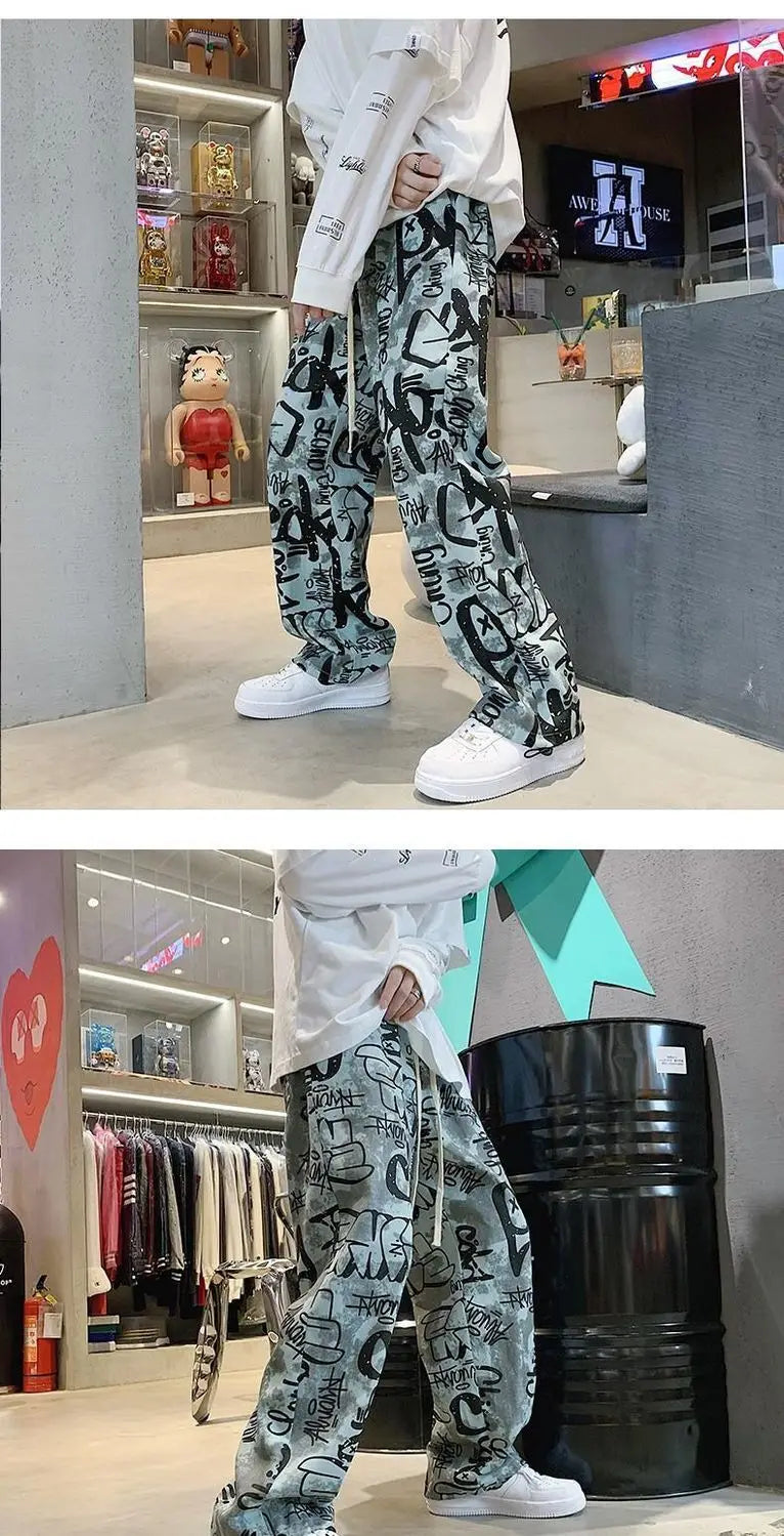 High Street Graffiti Tie-dye Pants Men Casual Loose Oversized Hip-hop Trousers Man American Straight Wide-leg Pants
