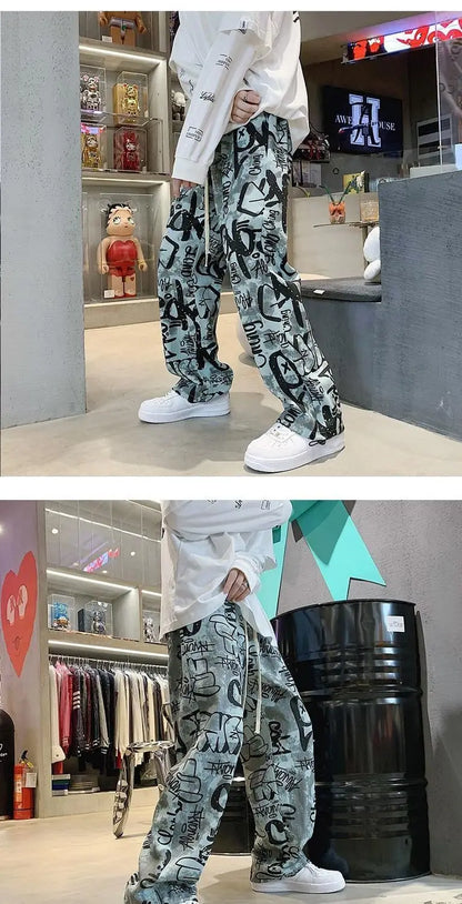 High Street Graffiti Tie-dye Pants Men Casual Loose Oversized Hip-hop Trousers Man American Straight Wide-leg Pants