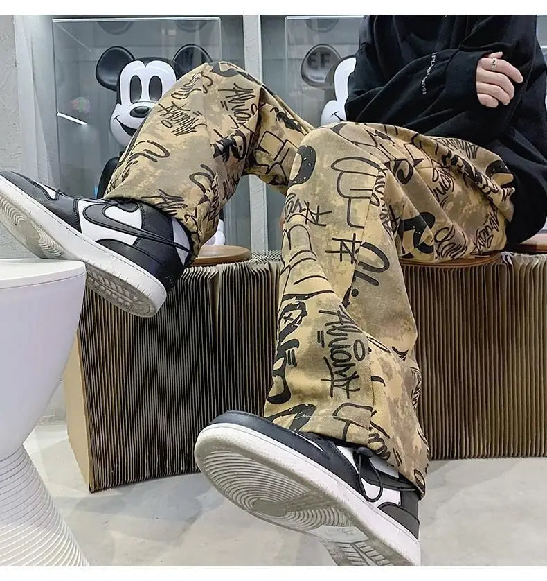 High Street Graffiti Tie-dye Pants Men Casual Loose Oversized Hip-hop Trousers Man American Straight Wide-leg Pants