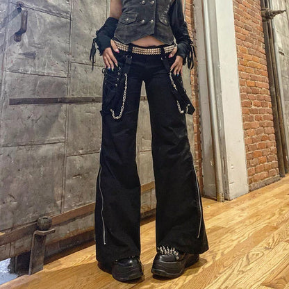 Women Pants Hip Hop High Waist Bandage Streetwear Rivet Trousers Goth Dark Gothic Grunge Black Pants Harajuku Punk Wide Leg