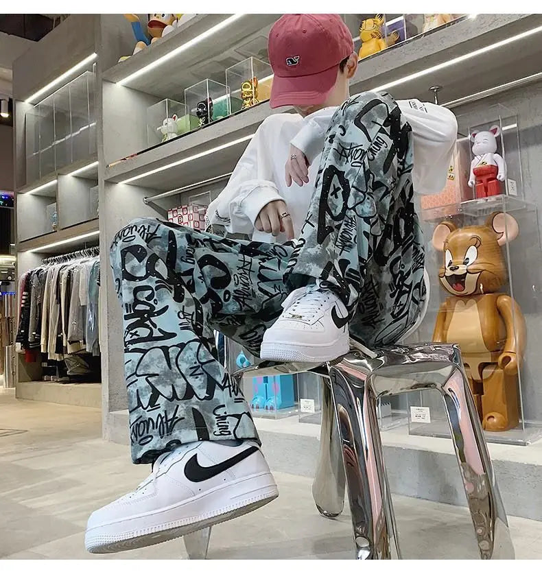 High Street Graffiti Tie-dye Pants Men Casual Loose Oversized Hip-hop Trousers Man American Straight Wide-leg Pants