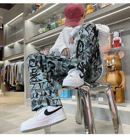 High Street Graffiti Tie-dye Pants Men Casual Loose Oversized Hip-hop Trousers Man American Straight Wide-leg Pants