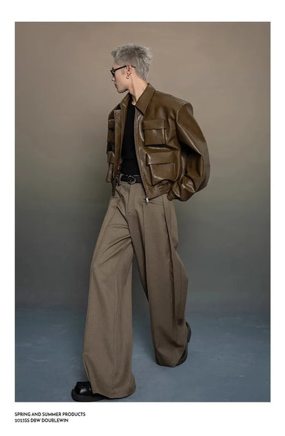 Y2K Mens PU Leather Jacket Pocket Motorcycle Coat Flip Collar Casual Gothic High Street Dark Silhouette Top Men's Wear 2025