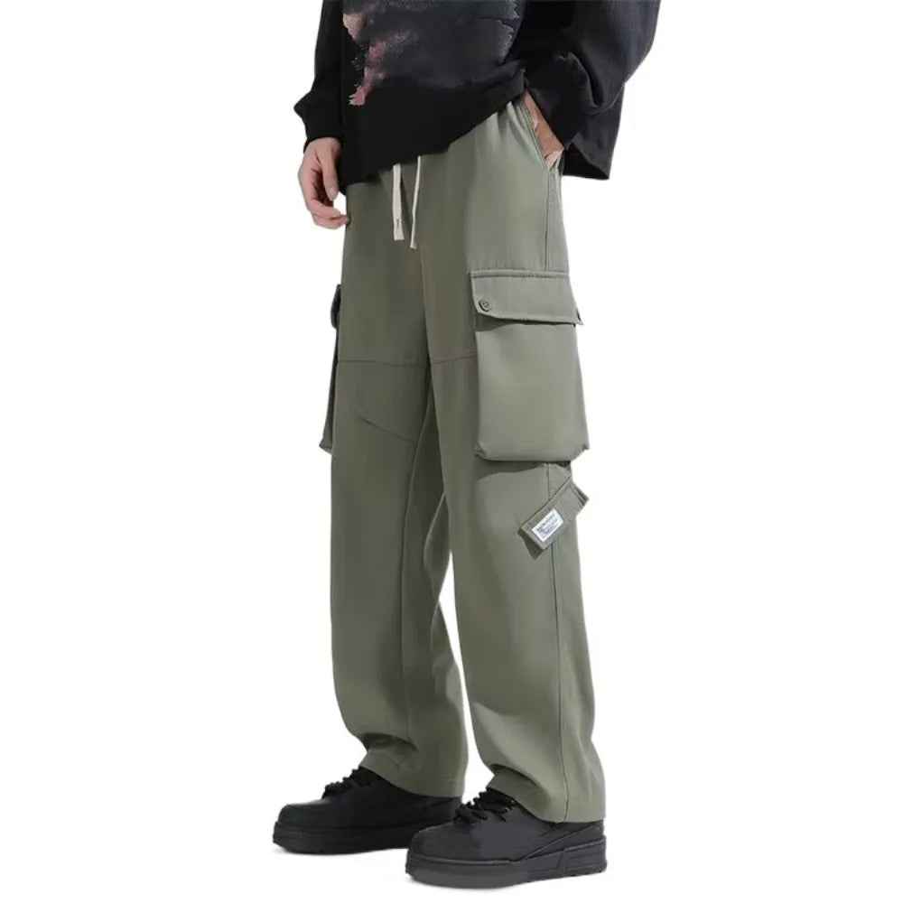 Hip Hop Pants Drawstring Wide Leg Sweatpants Y2K Oversized Baggy Cargo Pants Multi-pockets Loose Men Joggers Trousers Sports