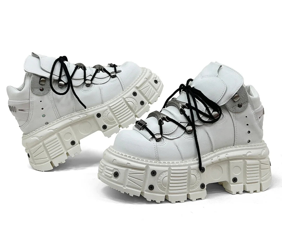 2025 Cyberpunk Heavy Metal Women's Small Height Increasing Lace-up Men Tabby Dark Goth Rock Platform Shoes 8cm