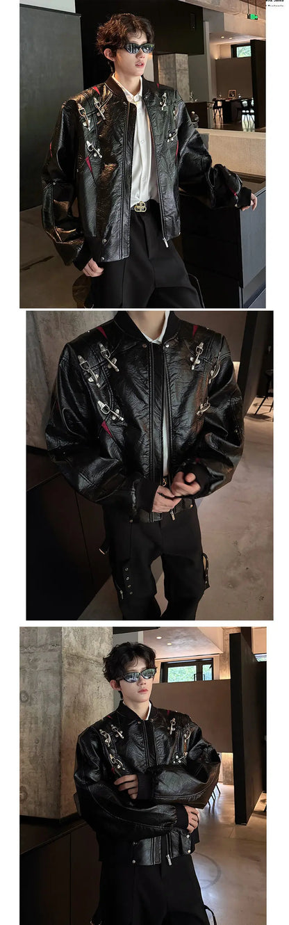 WTHT Fashion Men's Leather Spliced Metal High Street Coats Trendy American Style Zipper Lapel Jackets Male 2025 Autumn 2A2063
