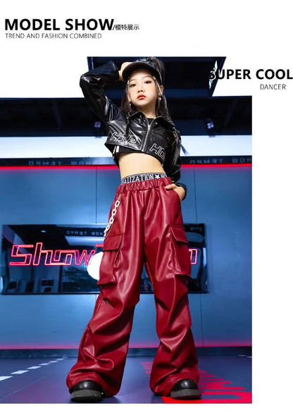 Jazz Dance Girls Clothes Kids Hip Hop Dance Costume Black Leather Crop Tops Hiphop Pants Catwalk Performance Clothing BL13600