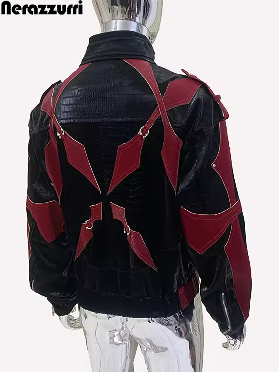 Mauroicardi Autumn Short Color Block Crocodile Print Faux Leather Jacket Men Stand Collar Luxury Designer Punk Style Emo Clothes