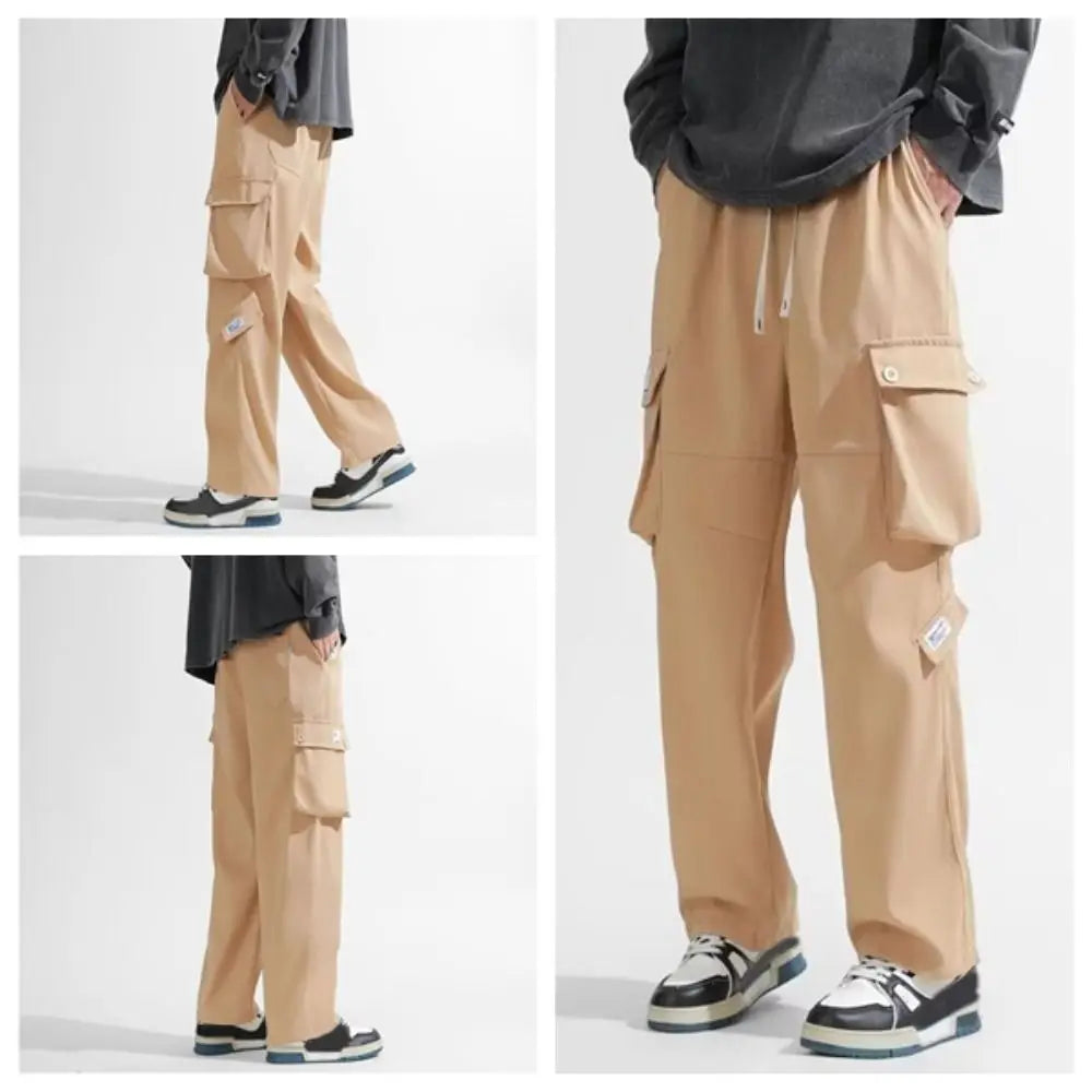Hip Hop Pants Drawstring Wide Leg Sweatpants Y2K Oversized Baggy Cargo Pants Multi-pockets Loose Men Joggers Trousers Sports