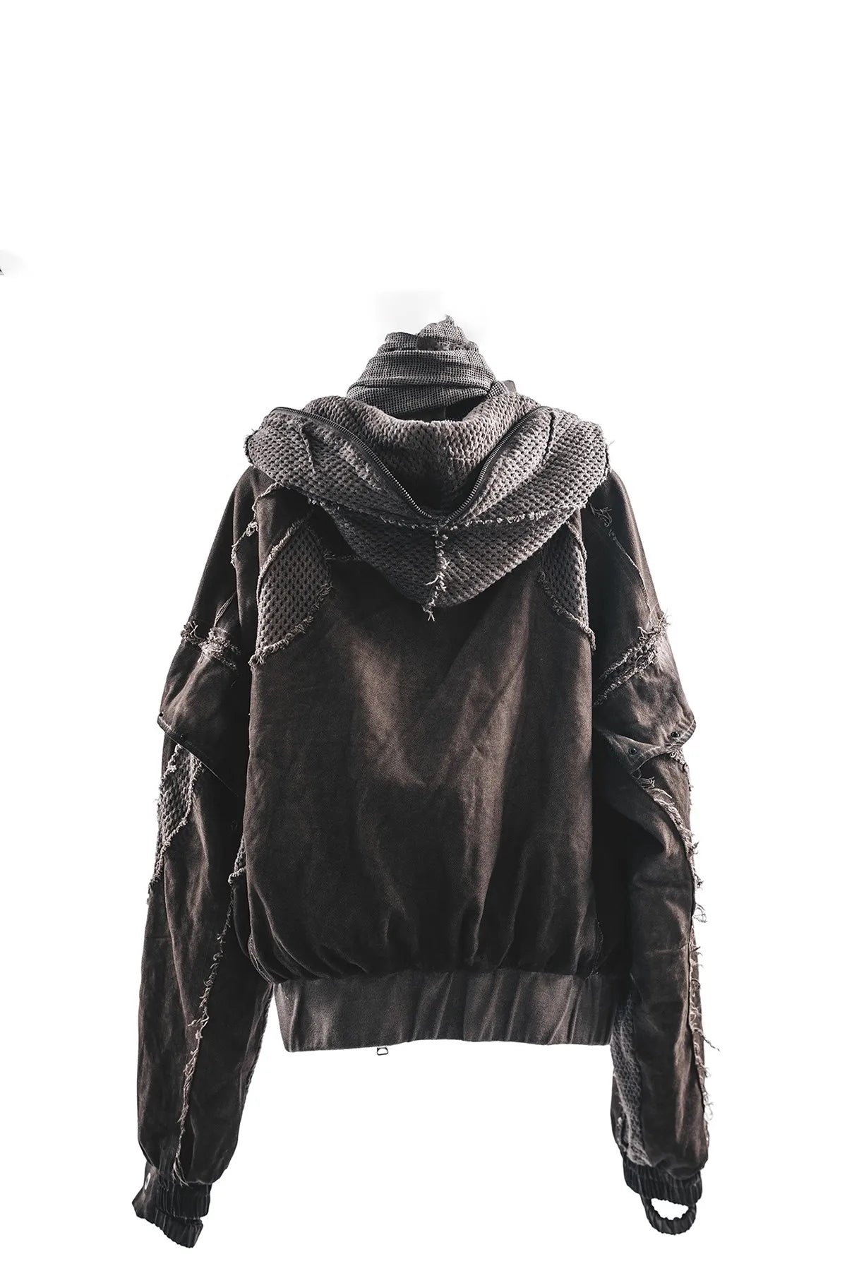 Waste Soil Style Men Stereoscopic Cut Mesh Splicing Hooded Short Jacket Washed Distressed Coat Men